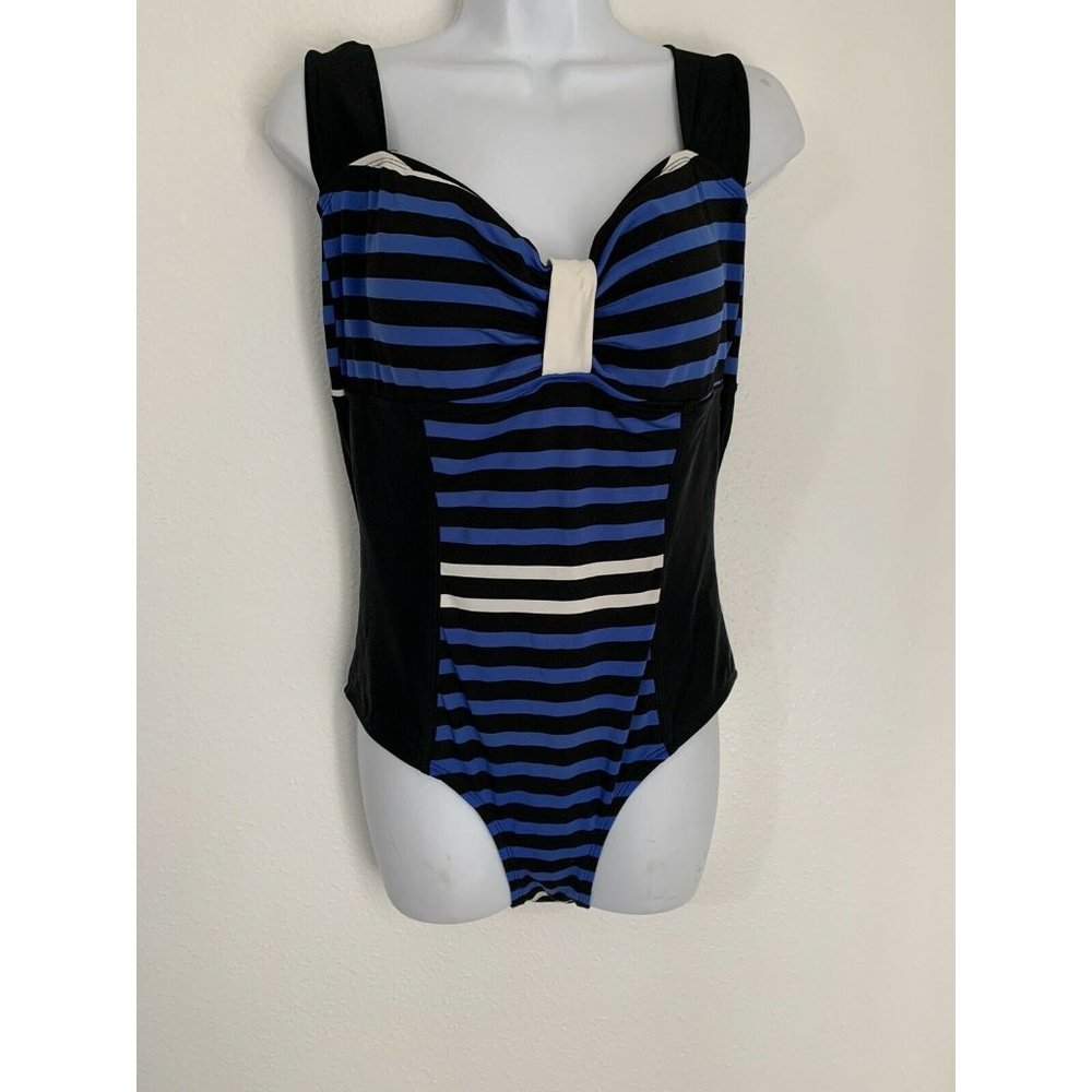 Papina Usa XL One Piece Swimsuit Black Blue Stripe Cross Cross Straps